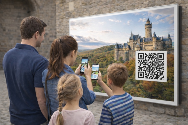Familie scannt vor Ort einen QR-Code an einer Kulturstation